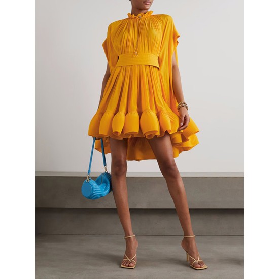 Floral Pleated Split-Joint High-Low Loose Stand Collar Mini Dresses Floral Pleated Split-Joint High-Low Loose Stand Collar Mini Dresses