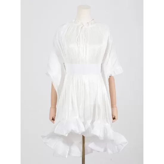 Floral Pleated Split-Joint High-Low Loose Stand Collar Mini Dresses Floral Pleated Split-Joint High-Low Loose Stand Collar Mini Dresses