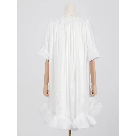 Floral Pleated Split-Joint High-Low Loose Stand Collar Mini Dresses Floral Pleated Split-Joint High-Low Loose Stand Collar Mini Dresses