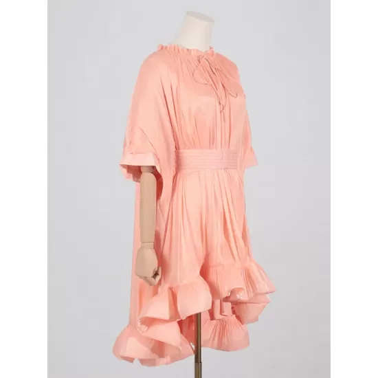 Floral Pleated Split-Joint High-Low Loose Stand Collar Mini Dresses Floral Pleated Split-Joint High-Low Loose Stand Collar Mini Dresses
