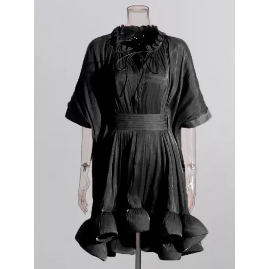 Floral Pleated Split-Joint High-Low Loose Stand Collar Mini Dresses Floral Pleated Split-Joint High-Low Loose Stand Collar Mini Dresses
