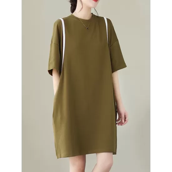 Split-Joint Loose Short Sleeves Round-Neck Mini Dresses Split-Joint Loose Short Sleeves Round-Neck Mini Dresses
