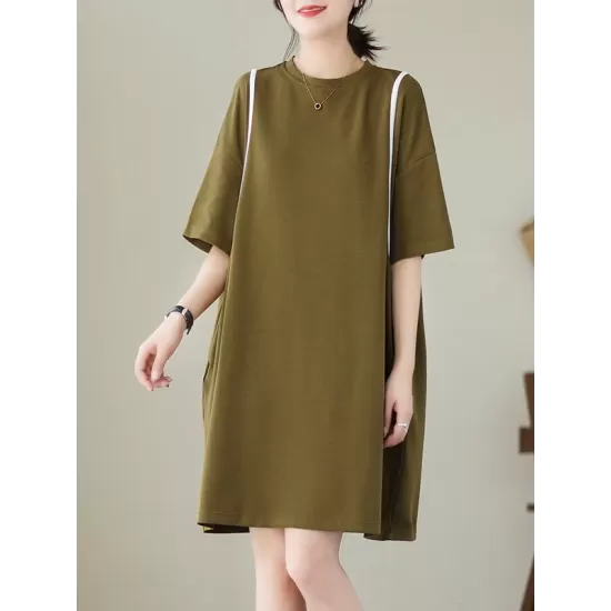 Split-Joint Loose Short Sleeves Round-Neck Mini Dresses Split-Joint Loose Short Sleeves Round-Neck Mini Dresses