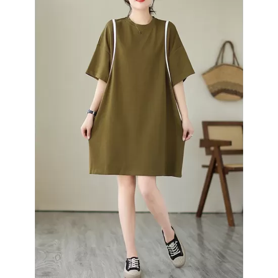 Split-Joint Loose Short Sleeves Round-Neck Mini Dresses Split-Joint Loose Short Sleeves Round-Neck Mini Dresses