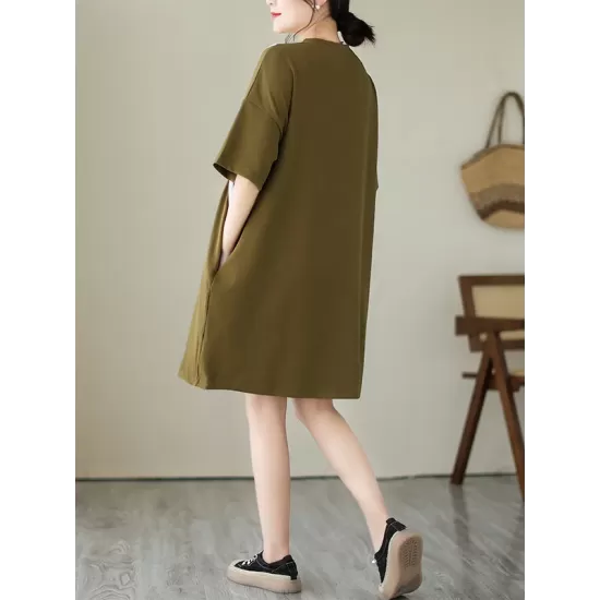 Split-Joint Loose Short Sleeves Round-Neck Mini Dresses Split-Joint Loose Short Sleeves Round-Neck Mini Dresses