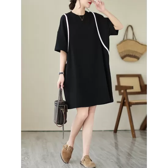 Split-Joint Loose Short Sleeves Round-Neck Mini Dresses Split-Joint Loose Short Sleeves Round-Neck Mini Dresses
