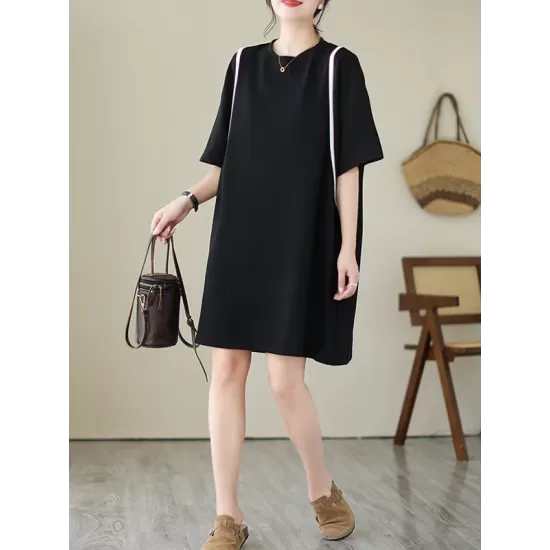Split-Joint Loose Short Sleeves Round-Neck Mini Dresses Split-Joint Loose Short Sleeves Round-Neck Mini Dresses