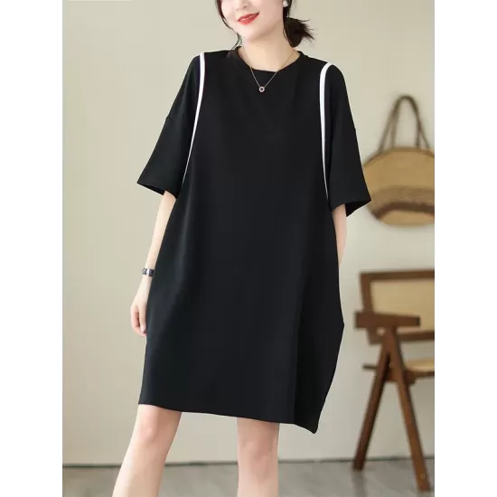 Split-Joint Loose Short Sleeves Round-Neck Mini Dresses Split-Joint Loose Short Sleeves Round-Neck Mini Dresses