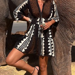 Printed Split-Joint Long Sleeves Loose V-Neck Mini Dresses