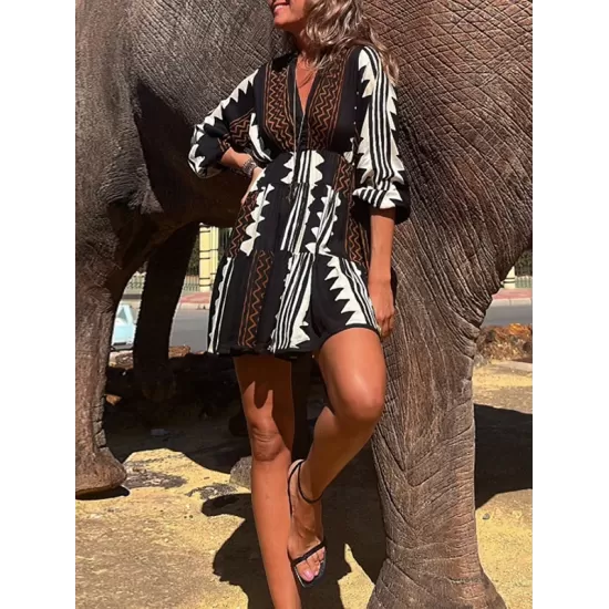 Printed Split-Joint Long Sleeves Loose V-Neck Mini Dresses Printed Split-Joint Long Sleeves Loose V-Neck Mini Dresses