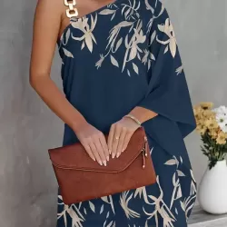 Batwing Sleeves Hollow Printed One-Shoulder Mini Dresses