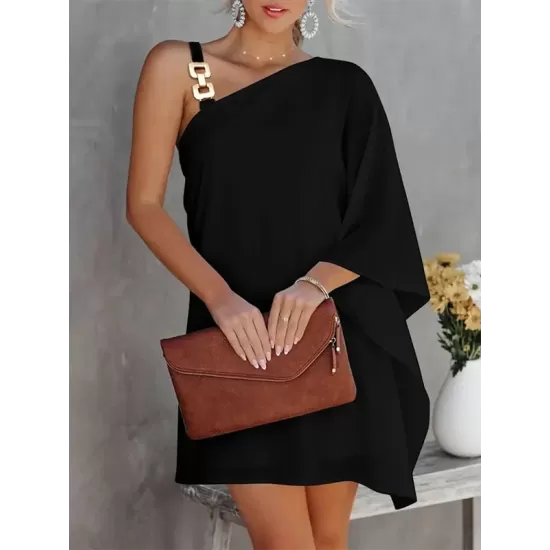 Batwing Sleeves Hollow Printed One-Shoulder Mini Dresses Batwing Sleeves Hollow Printed One-Shoulder Mini Dresses