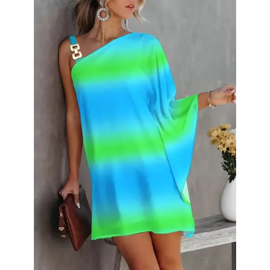 Batwing Sleeves Hollow Printed One-Shoulder Mini Dresses Batwing Sleeves Hollow Printed One-Shoulder Mini Dresses
