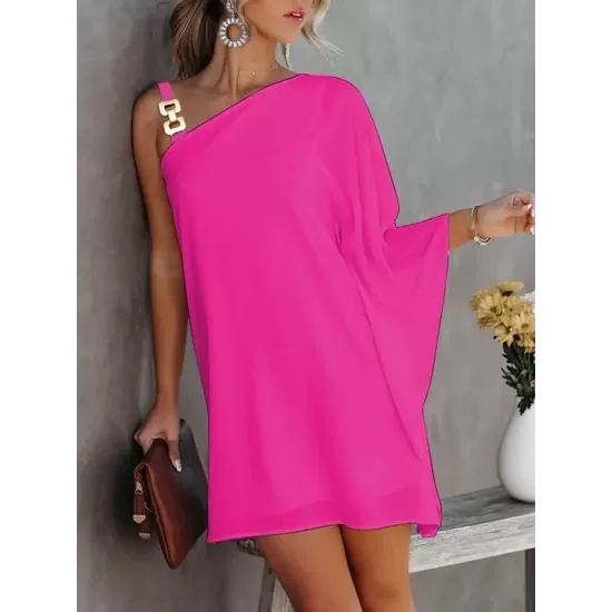 Batwing Sleeves Hollow Printed One-Shoulder Mini Dresses Batwing Sleeves Hollow Printed One-Shoulder Mini Dresses