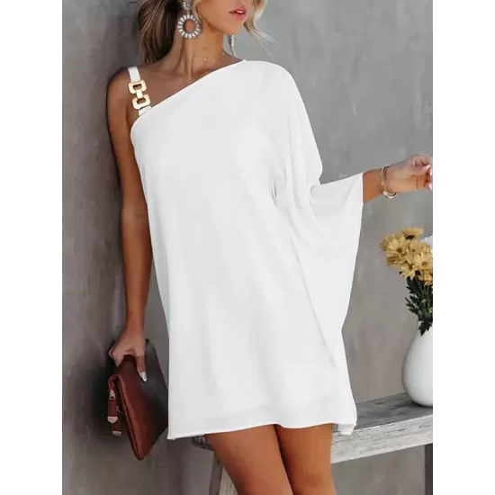 Batwing Sleeves Hollow Printed One-Shoulder Mini Dresses Batwing Sleeves Hollow Printed One-Shoulder Mini Dresses