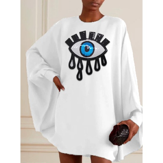 Batwing Sleeves Long Sleeves Contrast Color Printed Round-Neck Mini Dresses Batwing Sleeves Long Sleeves Contrast Color Printed Round-Neck Mini Dresses