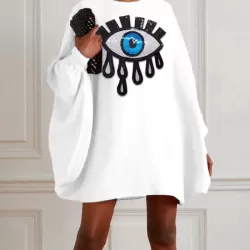 Batwing Sleeves Long Sleeves Contrast Color Printed Round-Neck Mini Dresses