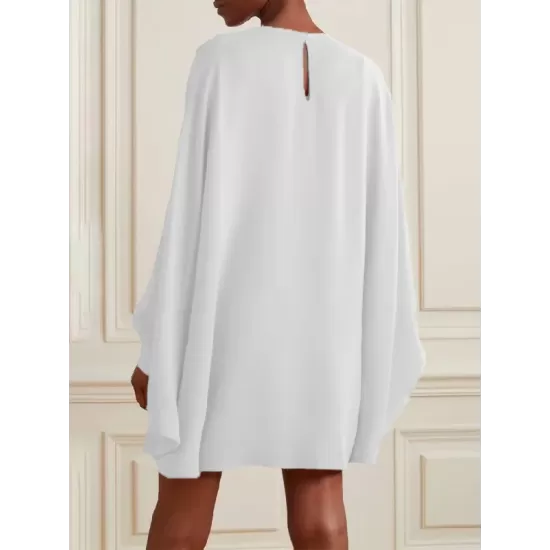 Batwing Sleeves Long Sleeves Contrast Color Printed Round-Neck Mini Dresses Batwing Sleeves Long Sleeves Contrast Color Printed Round-Neck Mini Dresses