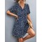 Flower Print Split-Joint Short Sleeves V-Neck Mini Dresses