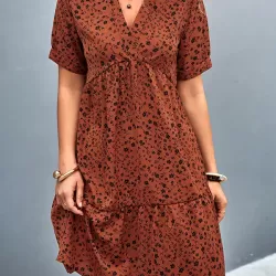 Flower Print Split-Joint Short Sleeves V-Neck Mini Dresses