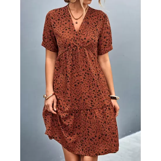Flower Print Split-Joint Short Sleeves V-Neck Mini Dresses Flower Print Split-Joint Short Sleeves V-Neck Mini Dresses