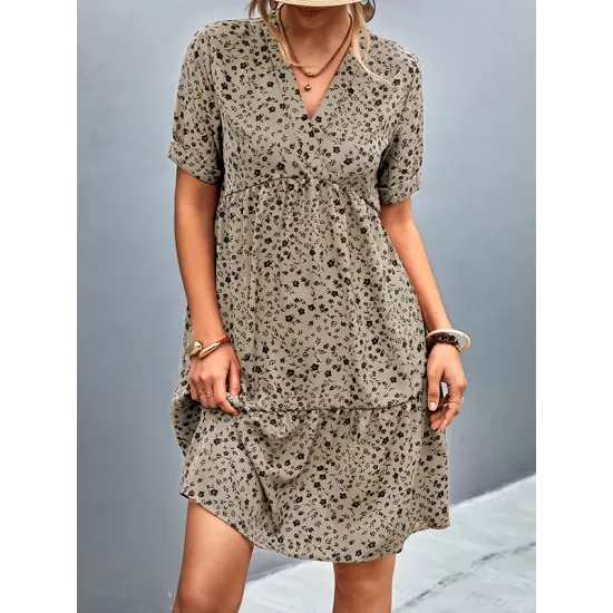 Flower Print Split-Joint Short Sleeves V-Neck Mini Dresses Flower Print Split-Joint Short Sleeves V-Neck Mini Dresses