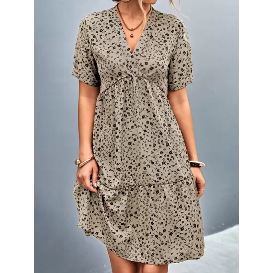 Flower Print Split-Joint Short Sleeves V-Neck Mini Dresses Flower Print Split-Joint Short Sleeves V-Neck Mini Dresses