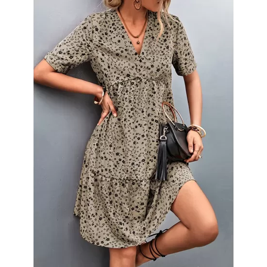 Flower Print Split-Joint Short Sleeves V-Neck Mini Dresses Flower Print Split-Joint Short Sleeves V-Neck Mini Dresses
