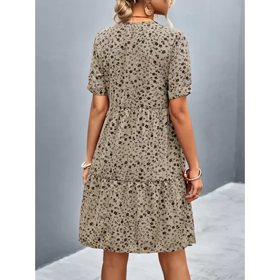 Flower Print Split-Joint Short Sleeves V-Neck Mini Dresses Flower Print Split-Joint Short Sleeves V-Neck Mini Dresses
