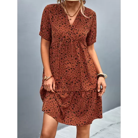 Flower Print Split-Joint Short Sleeves V-Neck Mini Dresses Flower Print Split-Joint Short Sleeves V-Neck Mini Dresses