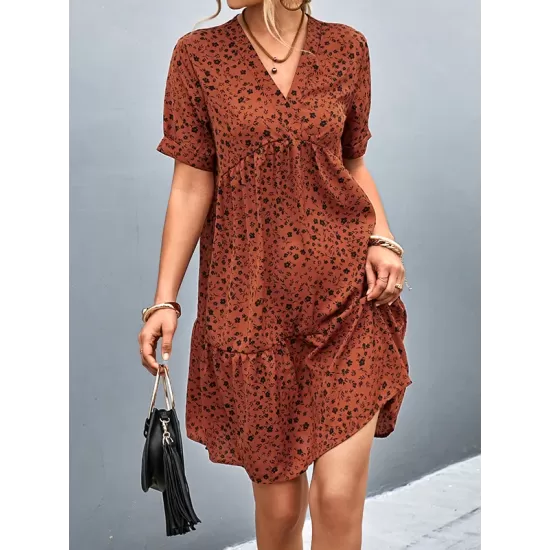 Flower Print Split-Joint Short Sleeves V-Neck Mini Dresses Flower Print Split-Joint Short Sleeves V-Neck Mini Dresses