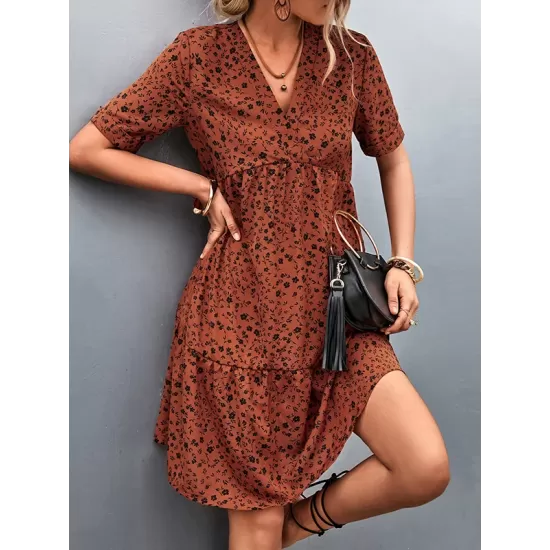 Flower Print Split-Joint Short Sleeves V-Neck Mini Dresses Flower Print Split-Joint Short Sleeves V-Neck Mini Dresses