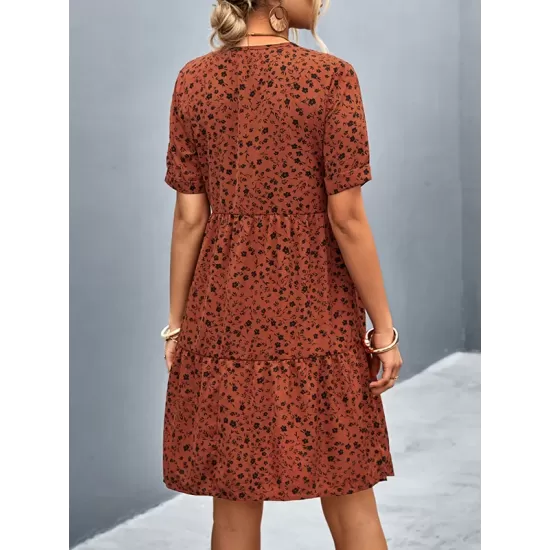 Flower Print Split-Joint Short Sleeves V-Neck Mini Dresses Flower Print Split-Joint Short Sleeves V-Neck Mini Dresses