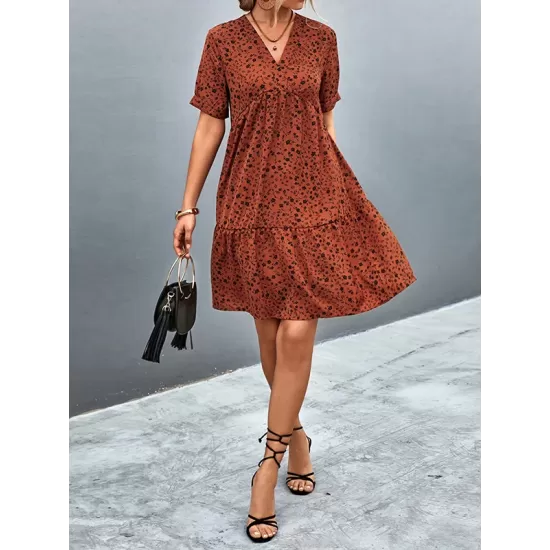 Flower Print Split-Joint Short Sleeves V-Neck Mini Dresses Flower Print Split-Joint Short Sleeves V-Neck Mini Dresses