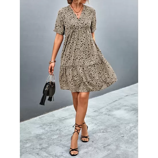 Flower Print Split-Joint Short Sleeves V-Neck Mini Dresses Flower Print Split-Joint Short Sleeves V-Neck Mini Dresses
