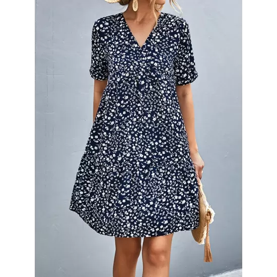 Flower Print Split-Joint Short Sleeves V-Neck Mini Dresses Flower Print Split-Joint Short Sleeves V-Neck Mini Dresses