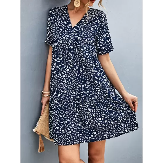 Flower Print Split-Joint Short Sleeves V-Neck Mini Dresses Flower Print Split-Joint Short Sleeves V-Neck Mini Dresses