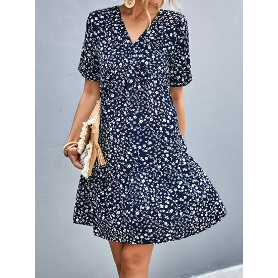Flower Print Split-Joint Short Sleeves V-Neck Mini Dresses Flower Print Split-Joint Short Sleeves V-Neck Mini Dresses