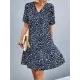 Flower Print Split-Joint Short Sleeves V-Neck Mini Dresses Flower Print Split-Joint Short Sleeves V-Neck Mini Dresses