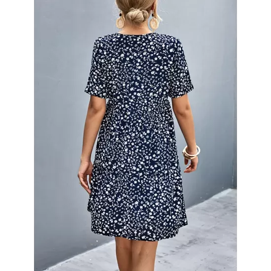 Flower Print Split-Joint Short Sleeves V-Neck Mini Dresses Flower Print Split-Joint Short Sleeves V-Neck Mini Dresses