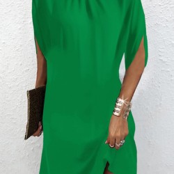 Solid Color Loose Raglan Sleeve Mock Neck Mini Dresses