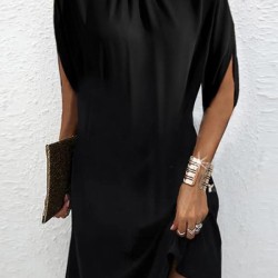Solid Color Loose Raglan Sleeve Mock Neck Mini Dresses