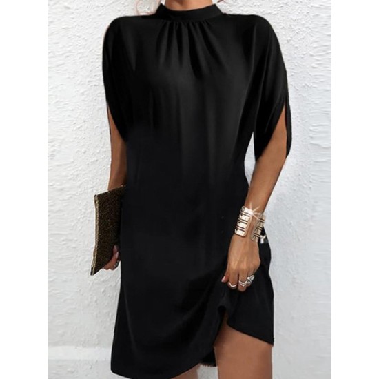 Solid Color Loose Raglan Sleeve Mock Neck Mini Dresses Solid Color Loose Raglan Sleeve Mock Neck Mini Dresses