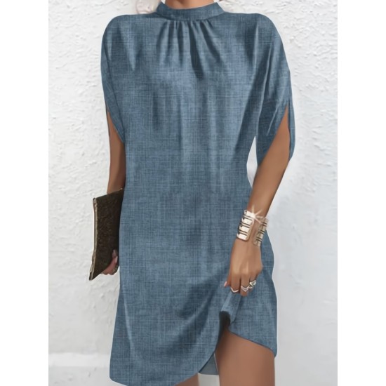 Solid Color Loose Raglan Sleeve Mock Neck Mini Dresses Solid Color Loose Raglan Sleeve Mock Neck Mini Dresses