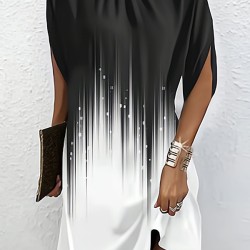 Gradient Printed Batwing Sleeves Loose Round-Neck Mini Dresses