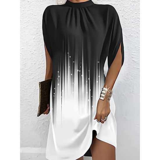 Gradient Printed Batwing Sleeves Loose Round-Neck Mini Dresses Gradient Printed Batwing Sleeves Loose Round-Neck Mini Dresses