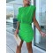 Hollow Pleated Shoulder Pad Solid Color Short Sleeves Skinny Round-Neck Mini Dresses