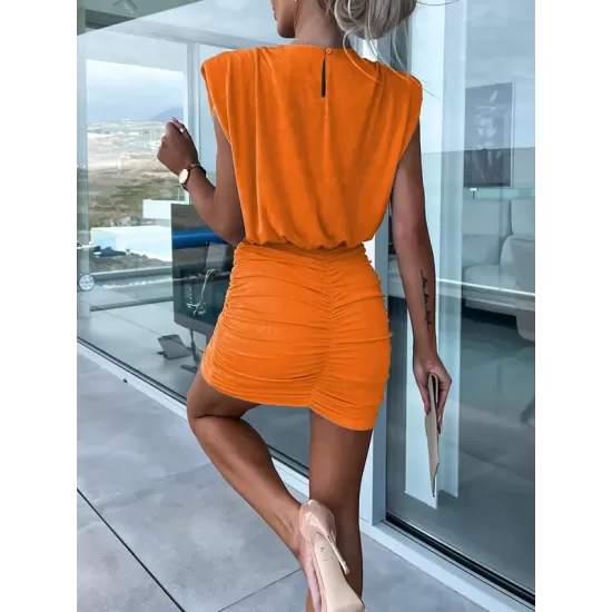Hollow Pleated Shoulder Pad Solid Color Short Sleeves Skinny Round-Neck Mini Dresses Hollow Pleated Shoulder Pad Solid Color Short Sleeves Skinny Round-Neck Mini Dresses