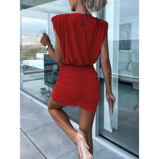 Hollow Pleated Shoulder Pad Solid Color Short Sleeves Skinny Round-Neck Mini Dresses Hollow Pleated Shoulder Pad Solid Color Short Sleeves Skinny Round-Neck Mini Dresses