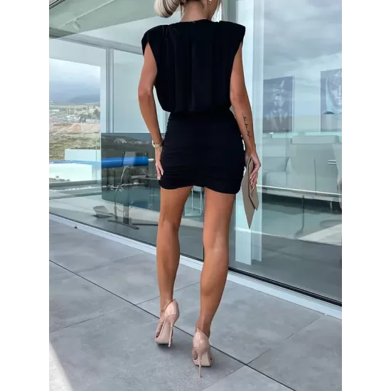 Hollow Pleated Shoulder Pad Solid Color Short Sleeves Skinny Round-Neck Mini Dresses Hollow Pleated Shoulder Pad Solid Color Short Sleeves Skinny Round-Neck Mini Dresses